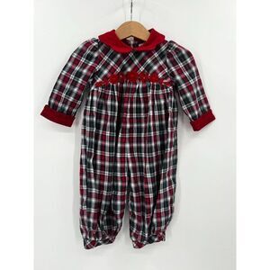 Vintage Baby Girl Size 6-9 Months Red Plaid Christmas Holiday Romper